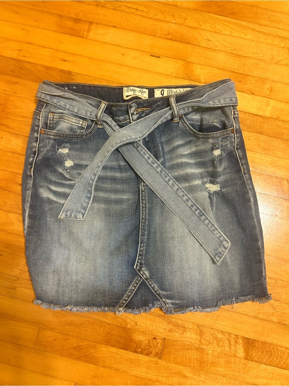 Denim Tie-Waist Distressed Mini Skirt - Blue